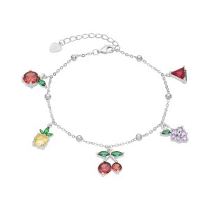 Pulsera con Dijes Colgantes de Frutas, Plata Italiana 925 17+3 cms