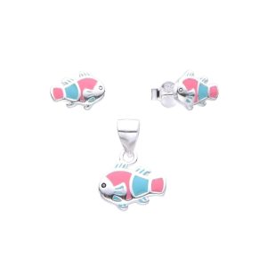 Juego de Dije y Zarcillos  de Pez de Color Rosa  y Celeste, Plata Italiana 925
