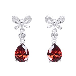Zarcillos de Gota con Lazo y Puntos de Luz, Color Rojo, Blanco, Azul, verde y Blanco Plata Dorada, Plata Italiana 925 - Rojo