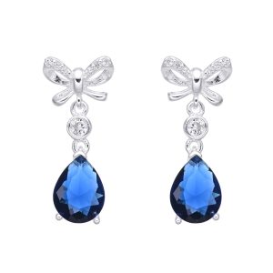 Zarcillos de Gota con Lazo y Puntos de Luz, Color Rojo, Blanco, Azul, verde y Blanco Plata Dorada, Plata Italiana 925 - Azul