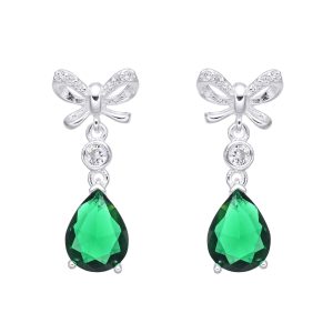 Zarcillos de Gota con Lazo y Puntos de Luz, Color Rojo, Blanco, Azul, verde y Blanco Plata Dorada, Plata Italiana 925 - Verde