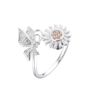 Anillo de Mariposa y Flor con Circonias, Plata Italiana 925