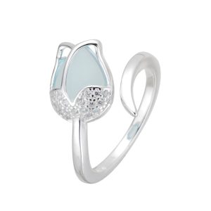 Anillo Ajustable de Tulipan Celeste con Circonias, Plata Italiana 925