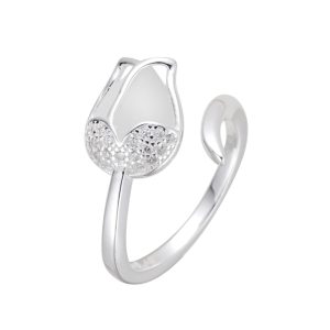 Anillo Ajustable de Tulipan Blanco, Plata Italiana 925
