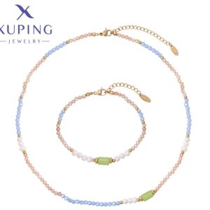 Juego de Collar y Pulsera hecha a Mano con Perlas, Acero Inoxidable Xuping Color Dorado y Celeste y blanco 14K