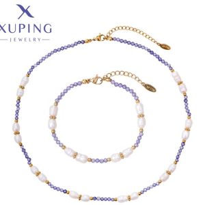Juego de Collar y Pulsera hecha a Mano con Perlas, Acero Inoxidable Xuping De Color Morado y Blanco 14K