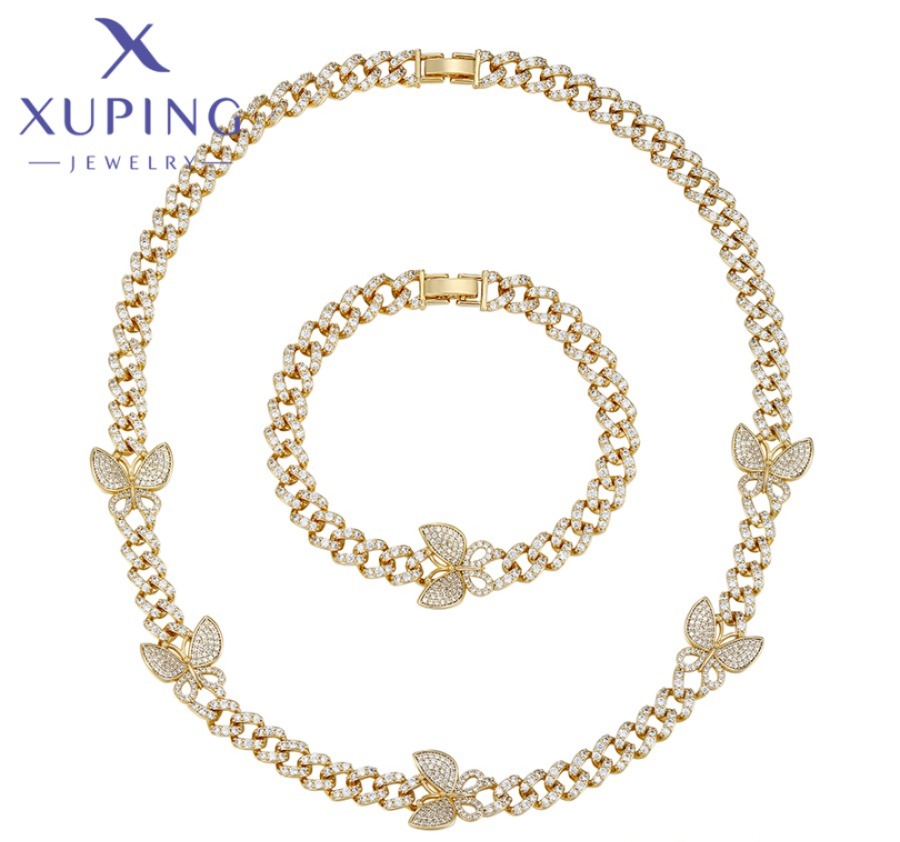 Juego de Cadena y Pulsera de Mariposa con Circonias, Baño de Oro  Xuping