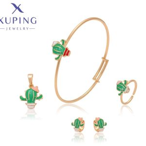 Juego de Pulsera, Zarcillos, Anillo y Dije de cactus Navideño Baño de Oro Xuping 18K