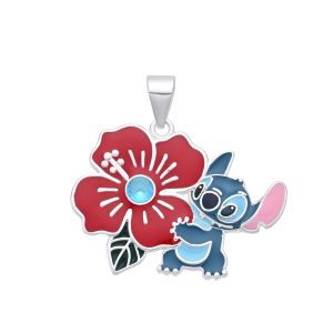 Dije Colgante de Stitch y Flor, Plata Italiana 925