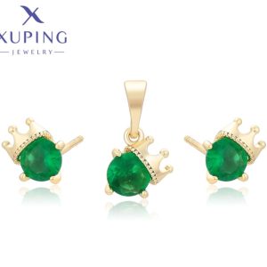 Juego de Dije y zarcilos con Circonia verde con Corona, 14K Baño de Oro Xuping
