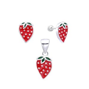 Juego de Fresas Zarcillos y Dije, Plata Italiana 925