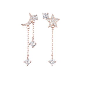 Aretes Zarcillos de Luna y Estrella Plata, Plata dorada y Plata rosada