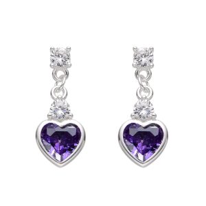 Zarcillos de Corazón color Morado, Plata Italiana 925