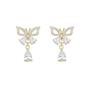 Zarcillos de Mariposas y Puntos de Luz en Forma de Gota, Plata Dorada y Plata Rosada Italiana 925 - Plata Dorada