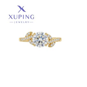 Anillo con diseño de hojas con circonias colo blanco baño de oro xuping  talla  7,8 y 9