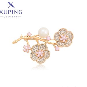 Broche de flores Perla, baño  de oro roce gold 18k  55mm largo 33mma ancho