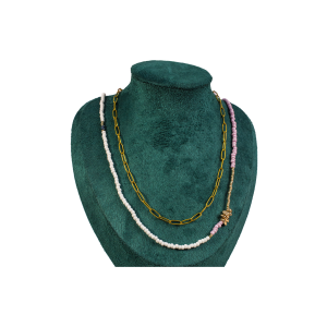 Juego de Collar y pulsera de piedra Miyuki rosa y blanco con Acero Inoxidable y baño de Oro