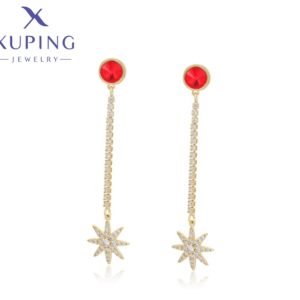 Zarcillos de Estrella Colgantes con Punto de Luz Rojo, Baño de Oro Xuping
