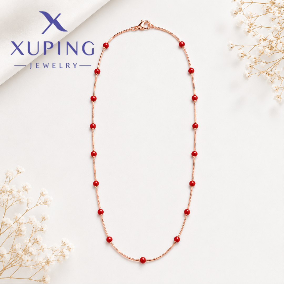 Cadena con Bolitas Rojas, Baño de Oro Rose Gold Xuping. 50cms