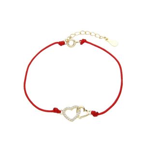 Pulsera de Cordón con Dije de Corazones, Plata Dorada Italiana 925