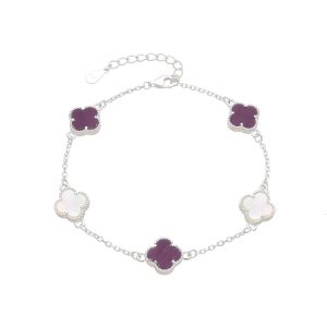 Pulsera de Flores Color Morado y Blanco 8mm, 17+3cms, Plata Italiana 925