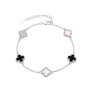 Pulsera con Flores  Pétalos Color Negro 7mm, Plata Italiana 925