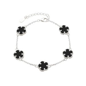 Pulsera de Flores Color negro  5 Pétalos 10mm , 17+3cms, Plata Italiana 925