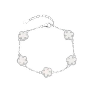 Pulsera de Flores Color Blanco  5 Pétalos 10mm , 17+3cms, Plata Italiana 925
