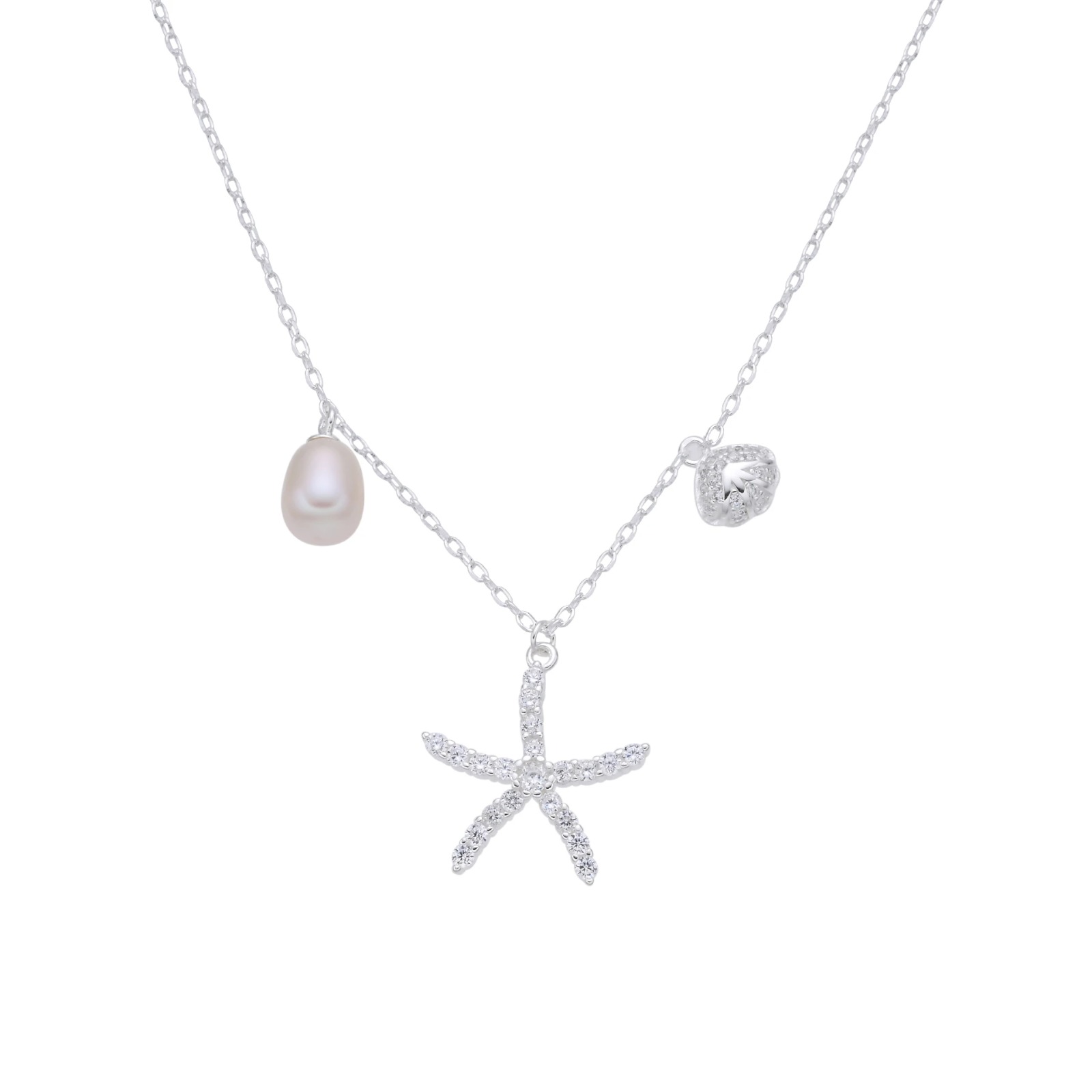 Gargantilla de Estrella , Perla y Concha, Plata Italiana 925 42+3cms