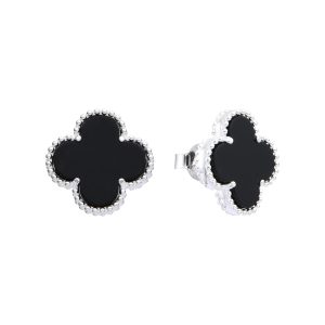 Zarcillos de Flor 13mm, Color Negro Plata Italiana 925
