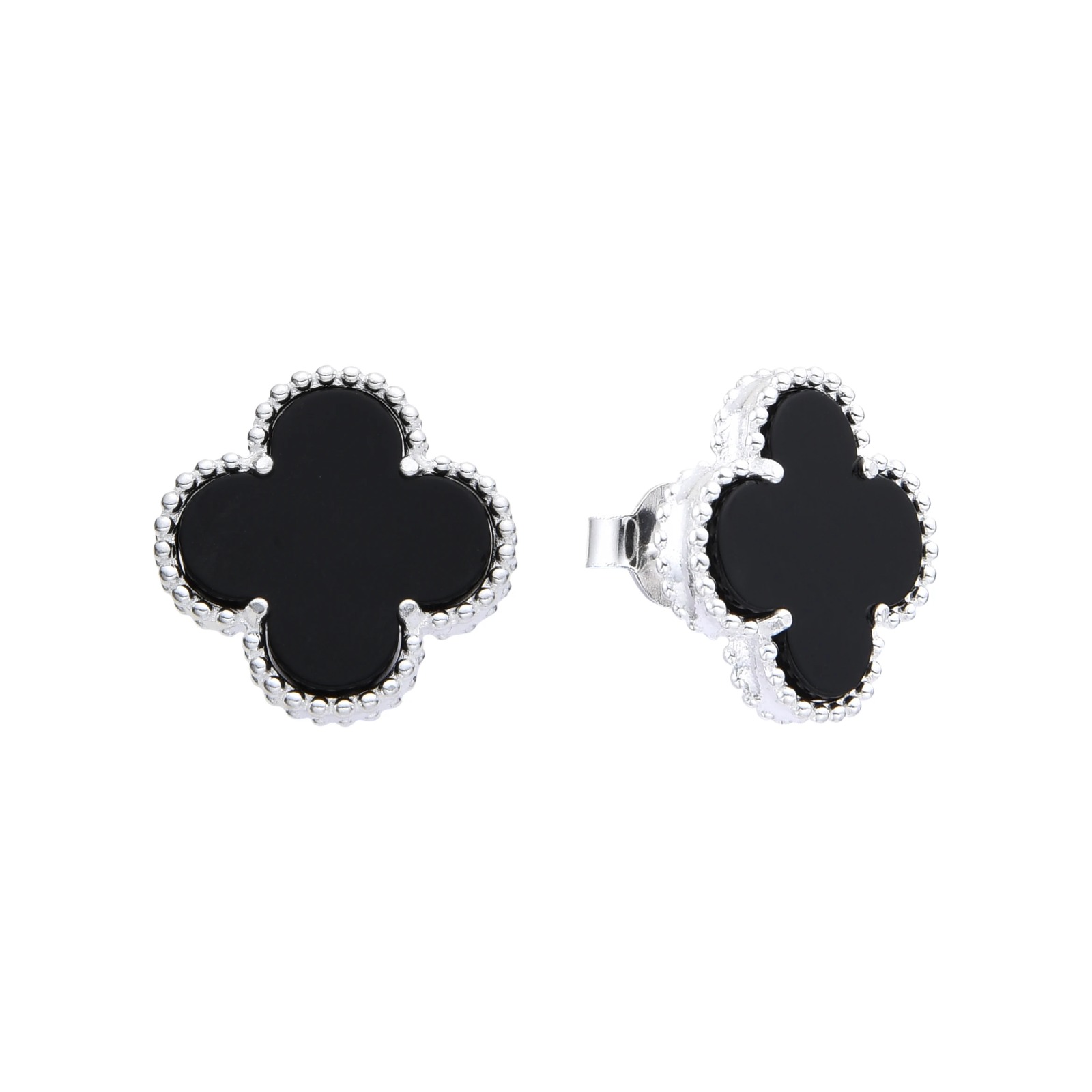 Zarcillos de Flor 13mm, Color Negro Plata Italiana 925