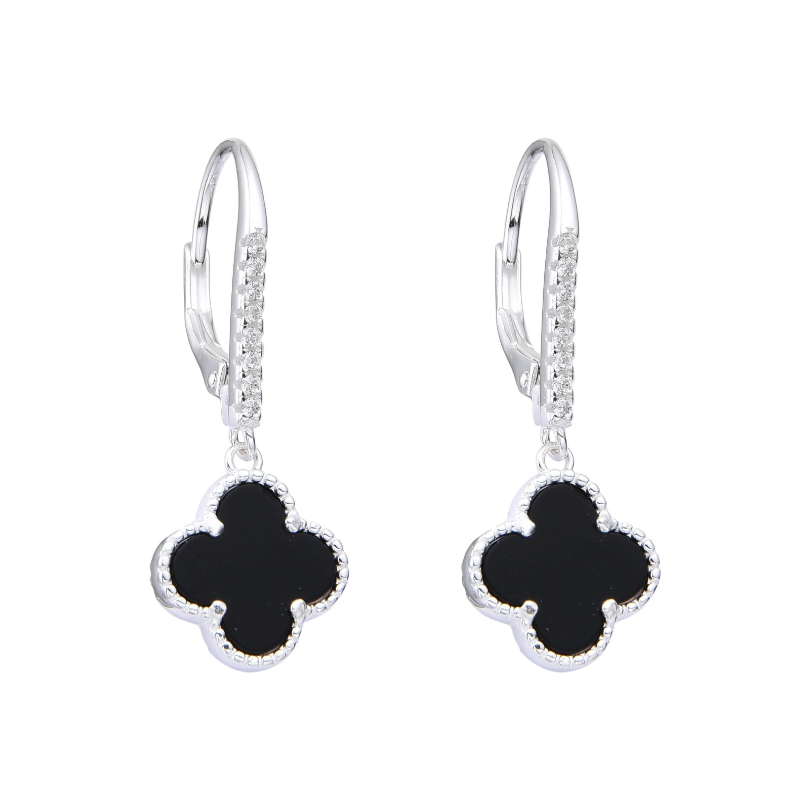 Zarcillos de Flor 10mm Colgantes .  Color Negro Plata Italiana 925