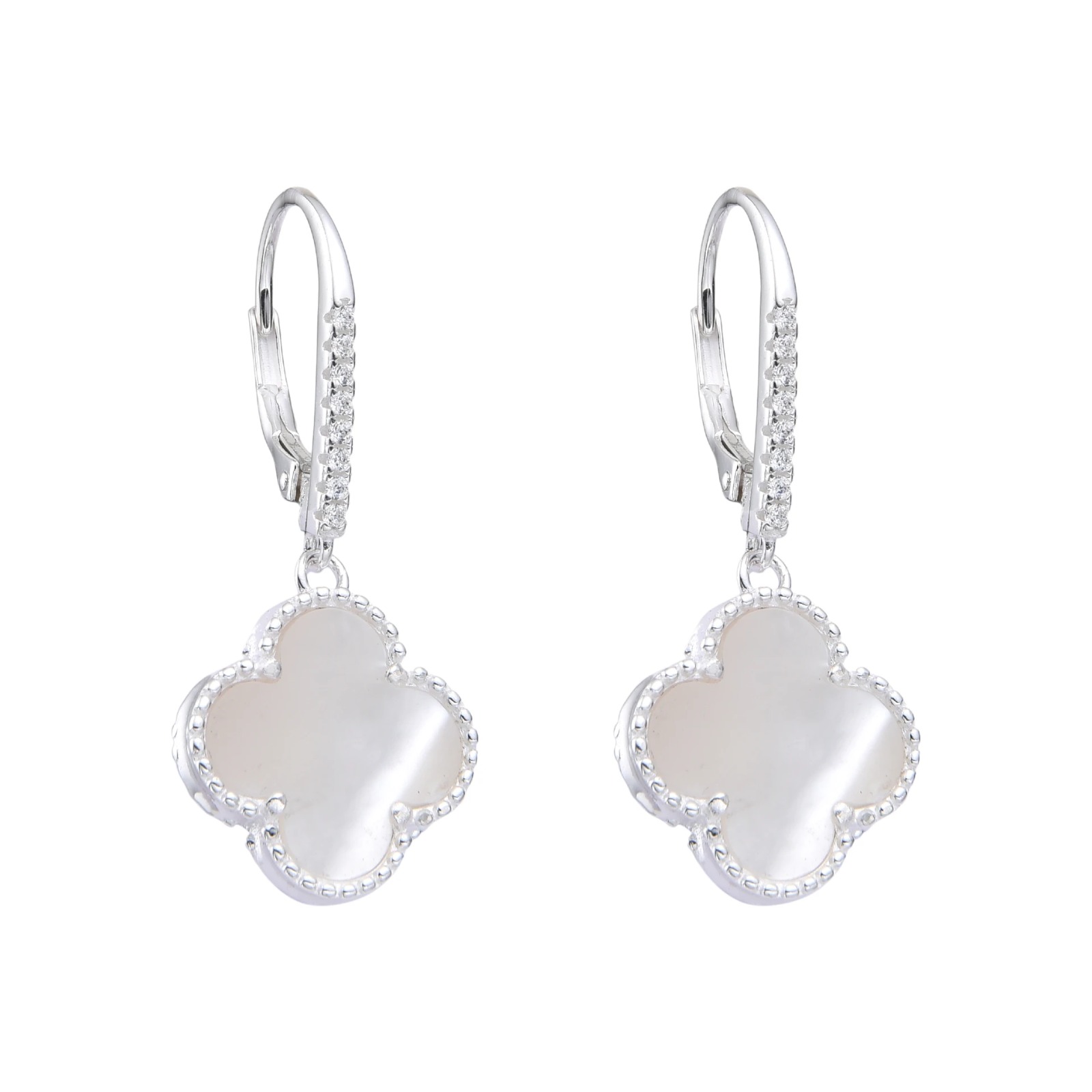 Zarcillos de Flor 13mm  Colgantes .  Color blanco Plata Italiana 925