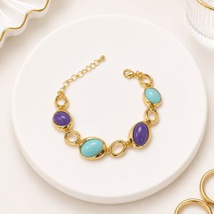 Pulsera  de Circones Color Celeste y  Morado Oro Laminado 18k