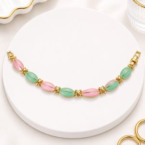 Pulsera   de Eslabones rosados y verdes  Oro Laminado 18k