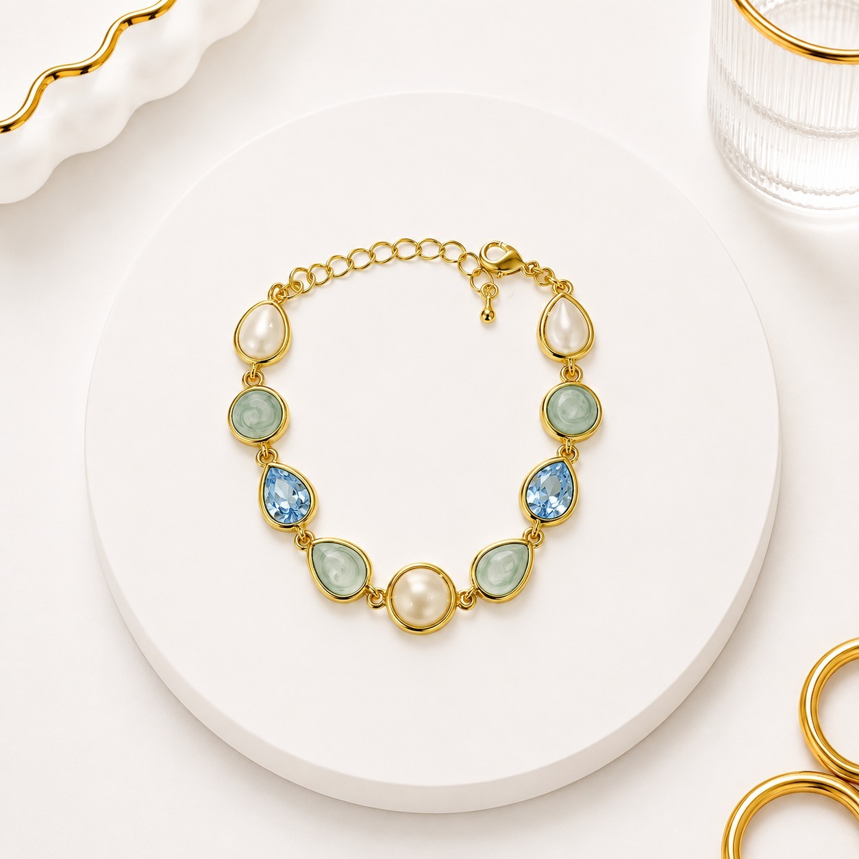 Pulsera de Circones esmaltados, Circonias de ojo de Gato Oro Laminado 18k